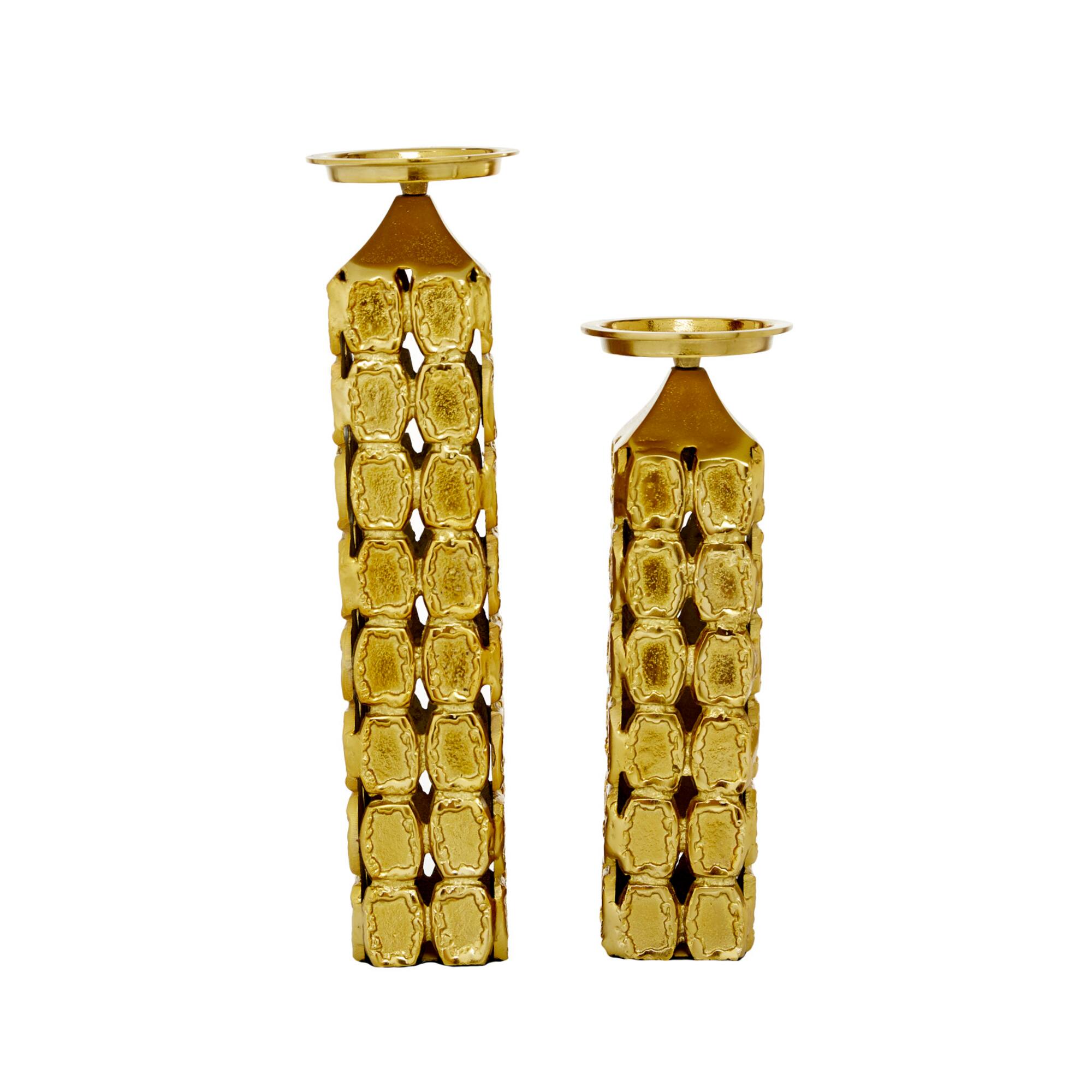 Gold Aluminum Contemporary Candle Holder Set